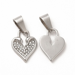 Stainless Steel Color 304 Stainless Steel Pendants, with Crystal Rhinestone and 201 Stainless Steel Snap on Bails, Heart Pad Charms, Stainless Steel Color, 19x14x2mm, Hole: 4x9mm