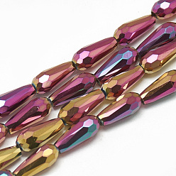 Camellia Electroplate Glass Beads Strands, Faceted Teardrop, Camellia, 9~9.5x4mm, Hole: 1mm, about 72pcs/strand, 25.98 inch
