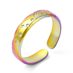Rainbow Color Ion Plating(IP) 304 Stainless Steel Moon & Star Open Cuff Ring for Women, Rainbow Color, US Size 6 3/4(17.1mm)