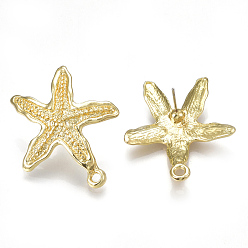Light Gold Alloy Stud Earring Findings, with Loop, Steel Pins, Starfish/Sea Stars, Light Gold, 33x28mm, Hole: 2mm, Pin: 0.7mm