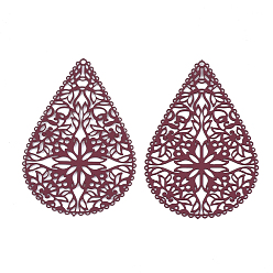 Dark Red 430 Stainless Steel Filigree Pendants, Spray Painted, Etched Metal Embellishments, Teardrop with Flower, Dark Red, 40x26.5x0.5mm, Hole: 1mm