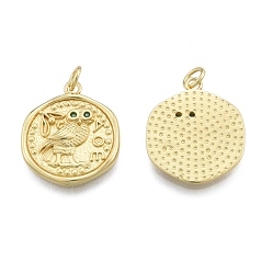 Real 18K Gold Plated Brass Micro Pave Green Cubic Zirconia Pendants, with Jump Rings, Flat Round with Owl Pattern, Real 18K Gold Plated, 21x18x2.5mm, Hole: 3mm