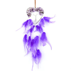 Amethyst Heart with Tree of Life Natural Amethyst Chip Wind Chimes Pendant Decorations, with Feather, for Home Bedroom Hanging Decorations, 500mm