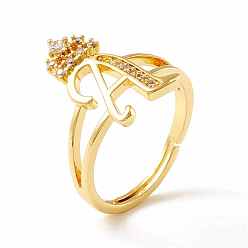 Letter A Clear Cubic Zirconia Initial Letter with Crown Adjustable Ring, Real 18K Gold Plated Brass Alphabet Ring for Women, Cadmium Free & Lead Free, Letter.A, US Size 6(16.5mm)