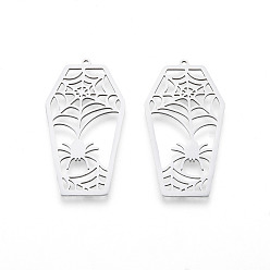 Stainless Steel Color Halloween 201 Stainless Steel Pendants, Laser Cut, Coffin with Spider, Stainless Steel Color, 45x24x1mm, Hole: 1.5mm