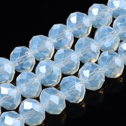 Bleu Clair Perles en verre electroplate, perles d'imitation en jade, perle plaquée lustre, facette, rondelle, bleu clair, 4x3mm, Trou: 0.4mm, Environ 123~127 pcs/chapelet, 16.5~17.3 pouce (42~44 cm)