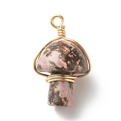 Rhodonite Natural Rhodonite Pendants, with Real 18K Gold Plated Eco-Friendly Copper Wire Wrapped, Mushroom, 28~32x16~17x16~17mm, Hole: 3mm