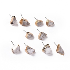 WhiteSmoke Natural Dyed Druzy Quartz Stud Earrings, with Brass Findings, Nuggets, Golden, WhiteSmoke, 3~13x3~13x4~9mm, Pin: 0.7mm