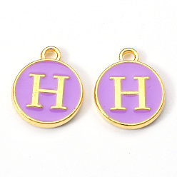 Letter H Golden Plated Alloy Enamel Charms, Enamelled Sequins, Flat Round with Letter, Medium Purple, Letter.H, 14x12x2mm, Hole: 1.5mm