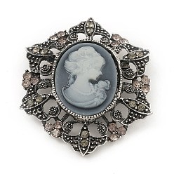 Plata Antigua Broche de aleación de diamantes de imitación para ropa mochila, con resina, flor con mujeres, plata antigua, 58x48x13.5 mm