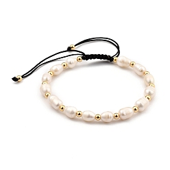 Black Adjustable Nylon Thread Braided Beads Bracelets, with Natural Cultured Freshwater Pearl Beads and Brass Beads, Real 18K Gold Plated, Black, Inner Diameter: 5.5~9cm(2-1/8~3-1/2 inch)