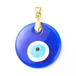 Medium Blue Handmade Lampwork Evil Eye Pendants, with Brass Pinch Bails, Flat Round, Medium Blue, 30x5mm, Hole: 4x5mm