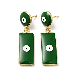 Green Rectangle with Evil Eye Enamel Dangle Stud Earrings, Real 18K Gold Plated Brass Jewelry for Women, Green, 43mm, Pin: 0.9mm