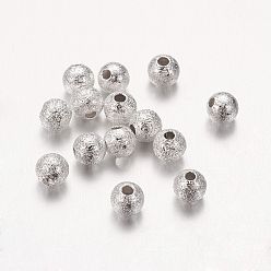 Серебро Латунные текстурированные бусины, без никеля , круглые, серебряный цвет гальваническим, 4 мм, отверстие: 1 мм