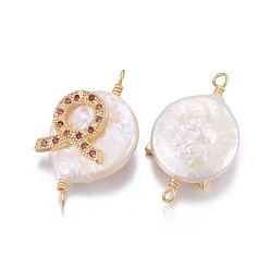 Taurus Natural Pearl Links connectors, with Brass Micro Pave Cubic Zirconia Findings, Flat Round with Constellation, Golden, Fuchsia, Taurus, 20~26x9~17x5~11mm, Hole: 1.6mm
