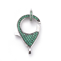 Platinum Brass Micro Pave Cubic Zirconia Lobster Claw Clasps, with Bail Beads/Tube Bails, Green, Platinum, Clasp: 26.5x17.5x5.5mm, Hole: 2.5mm, Tube Bails: 9.5x7.5x2mm, Hole: 1.2mm