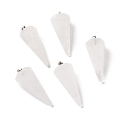 Quartz Crystal Natural Quartz Crystal Pendants, Rock Crystal Pendants, with Platinum Plated Brass Findings, Faceted, Cone, 35~36x13~14x12~12.5mm, Hole: 2.7x6.5mm