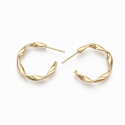 Real 18K Gold Plated Semicircular Brass Stud Earrings, Half Hoop Earrings, Twited Letter C Shape, Nickel Free, Real 18K Gold Plated, 23.5x22x3mm, Pin: 0.8mm