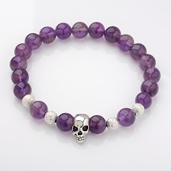 Amethyst Unique Design Skull Natural Gemstone Beaded Stretch Bracelets, with Alloy Beads and Brass Textured Beads, Amethyst, 53mm