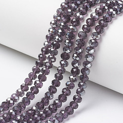 Dark Orchid Electroplate Transparent Glass Beads Strands, Half Gray Plated, Faceted, Rondelle, Dark Orchid, 4x3mm, Hole: 0.4mm, about 123~127pcs/strand, 16.5~16.9 inch(42~43cm)