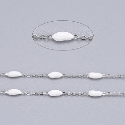 White Handmade Enamel Beaded Chains, with Stainless Steel Curb Chains and Spool, Soldered, Stainless Steel Color, White, 1.5x1x0.1mm, about 32.8 Feet(10m)/roll