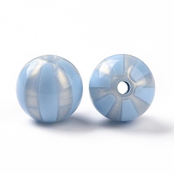 Bleu Ciel Clair Perles acryliques opaques, poudre de scintillement, rond avec motif à rayures, lumière bleu ciel, 15.5x15mm, Trou: 3mm