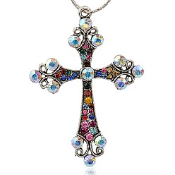 Colorful Alloy Rhinestone Big Pendants, Latin Cross Clenchee, Antique Silver, Colorful, 73x51x5mm, Hole: 3mm