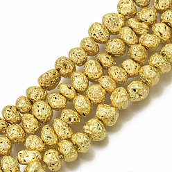 Golden Plated Electroplated Natural Lava Rock Beads Strands, Nuggets, Golden Plated, 6~10x6~10x5~8mm, Hole: 1mm, about 52~54pcs/strand, 14.17 inch~14.96 inch(36~38cm)