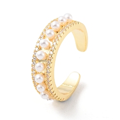 Real 18K Gold Plated Plastic Pearl Beaded Open Cuff Ring with Clear Cubic Zirconia, Rack Plating Brass Jewelry for Women, Cadmium Free & Lead Free, Real 18K Gold Plated, Inner Diameter: 18mm