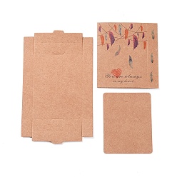 BurlyWood Kraft Paper Boxes and Earring Jewelry Display Cards, Packaging Boxes, with Feather Pattern, BurlyWood, Folded Box Size: 7.3x5.4x1.2cm, Display Card: 6.5x5x0.05cm
