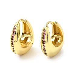 Fuchsia Cubic Zirconia Teardrop Thick Hoop Earrings, Real 18K Gold Plated Brass Jewelry for Women, Fuchsia, 21x18x8mm, Pin: 0.9mm