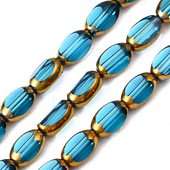 Deep Sky Blue Electroplate Glass Beads Strands, Edge Plated, Oval, Deep Sky Blue, 7x4.5x4mm, Hole: 0.8mm, about 50pcs/strand, 13.07~13.15 inch(33.2~33.4cm)