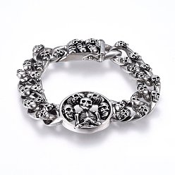 Antique Silver Retro 304 Stainless Steel Link Bracelets, with Twister Clasps, Flat Round with Skull, Antique Silver, 9-1/2 inch(24cm), 16x7mm