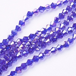 Bleu Chapelets de perles en verre, de couleur plaquée ab , facette, Toupie, bleu, 3x3~3.5mm, Trou: 0.5mm, Environ 125~130 pcs/chapelet, 15.5 pouce