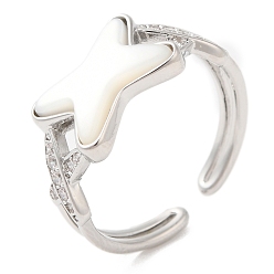 Платинированный Открытая манжета из натуральной ракушки с фианитами, латунное кольцо для женщин, Реальная платина, внутренний диаметр: 16.8 мм