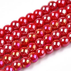 Красный Гальванические непрозрачные стеклянные бусины, с покрытием AB цвета, круглые, красные, 4~4.5 мм, отверстие : 0.8 мм, около 97~99 шт / нитка, 14.76 дюйм ~ 14.96 дюйм (37.5~38 см)