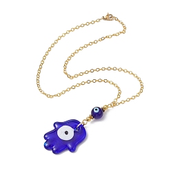 Golden Transparent Handmade Lampwork Religion Hamsa Hand Pendant Necklaces, Blue Evil Eye Necklace with Brass Cable Chains, Golden, 15.39 inch(39.1cm)