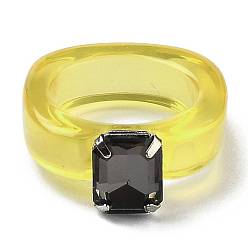Yellow Resin Finger Rings, with Plastic Rhinestone, Rectangle, Platinum, Yellow, US Size 6, Inner Diameter: 17mm