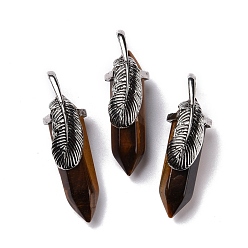 Tiger Eye Natural Tiger Eye Pendants, with Antique Silver Tone Brass Findings, Cadmium Free & Lead Free, Double Terminal Pointed Bullet with Leaf, 44~47x14~15x14~15mm, Hole: 6.2x3.5mm