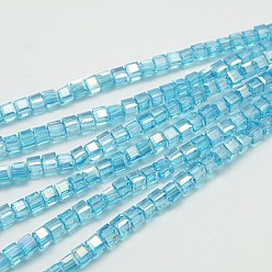 Bleu Ciel Perles en verre electroplate, de couleur plaquée ab , facette, cube, bleu ciel, 4x4x4mm, Trou: 1mm