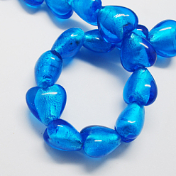 Bleu Dodger Perles en verre de feuille d'argent faites à la main , cœur, Dodger bleu, 20x20x13mm, Trou: 2mm