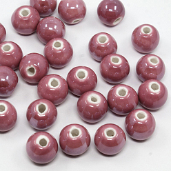 Rouge Violet Pâle Perles en porcelaine manuelles, nacré, ronde, rouge violet pâle, 12mm, Trou: 2~3mm
