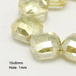 Jaune Clair Perles en verre electroplate, demi-plaqué, facette, carrée, jaune clair, 15x15x8mm, Trou: 1mm