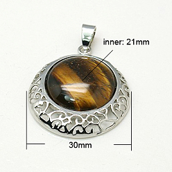 Tiger Eye Tiger Eye Pendants, with Brass Findings, Flat Round, Platinum Metal Color,  30x7mm, Tray: 21mm, Hole: 7x4mm