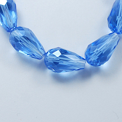 Dodger Blue Electroplate Glass Beads Strands, Pearl Luster Plated, Faceted, Drop, Dodger Blue, 11x8mm, Hole: 1mm, about 57~59pcs/strand, 26.38~26.77 inch