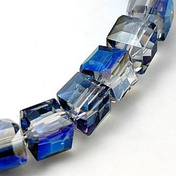Royal Blue Electorplated Glass Beads, Rainbow Plated, Faceted, Cube, Royal Blue, 9x9x9mm, Hole: 1mm