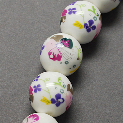 Cerise Handmade Printed Porcelain Beads, Round, Cerise, 12mm, Hole: 2mm