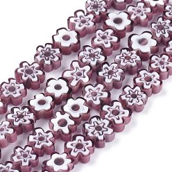 Pourpre Main millefiori perles de verre brins, fleur, pourpre, 6.4~9x3.2mm, trou: 1mm, environ 56 pcs/chapelet, 15.75'' (40 cm)