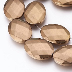 Copper Plated Electroplated Non-magnetic Synthetic Hematite Beads Strands, Polish, Faceted, Oval, Copper Plated, 25x18x5.5mm, Hole: 1mm, about 16pcs/strand, 15.74 inch(40cm)