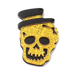 Gold Halloween Acrylic Pendants,  with Sequins, Skull with Hat Charm, Gold, 45x30x4mm, Hole: 2mm